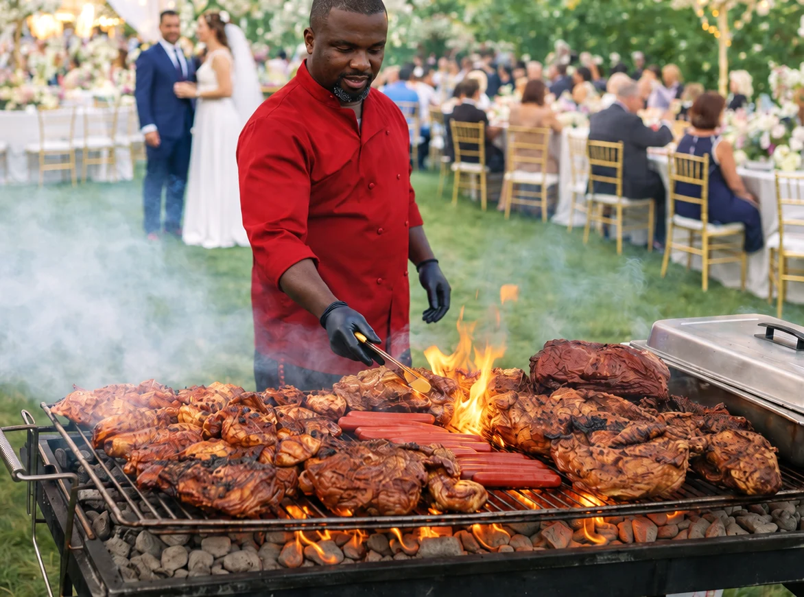 Chef Terry tending a charcoal grill with a couple and seated wedding guests behind him