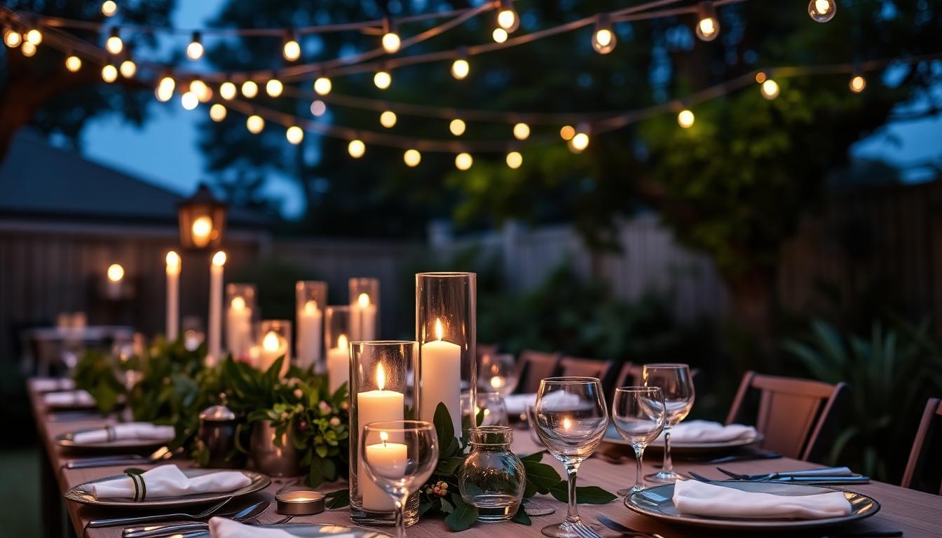 Luxury backyard tablescape with candles and bistro lights at twilight