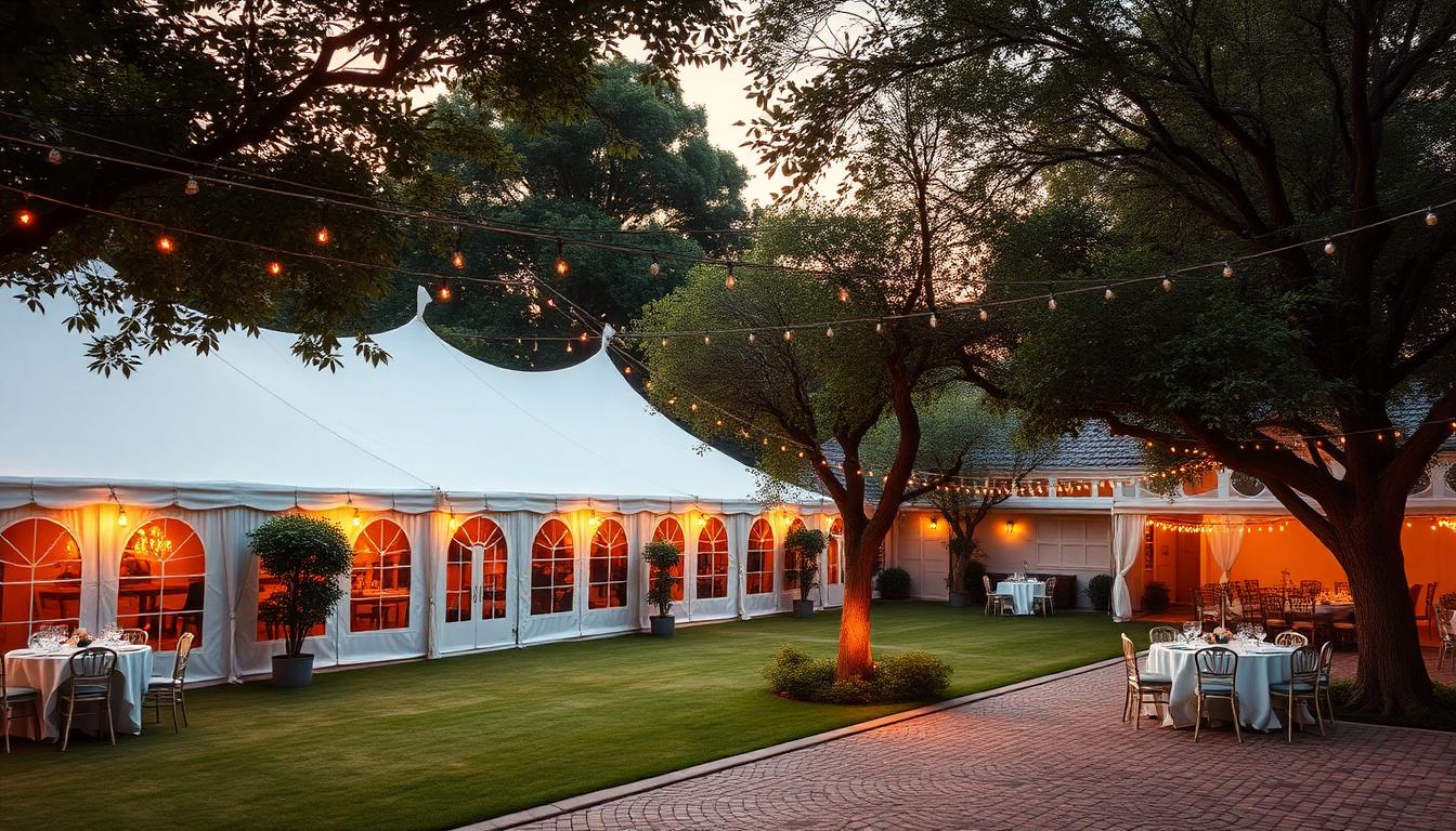 Tented courtyard wedding venue with mature trees and market lights