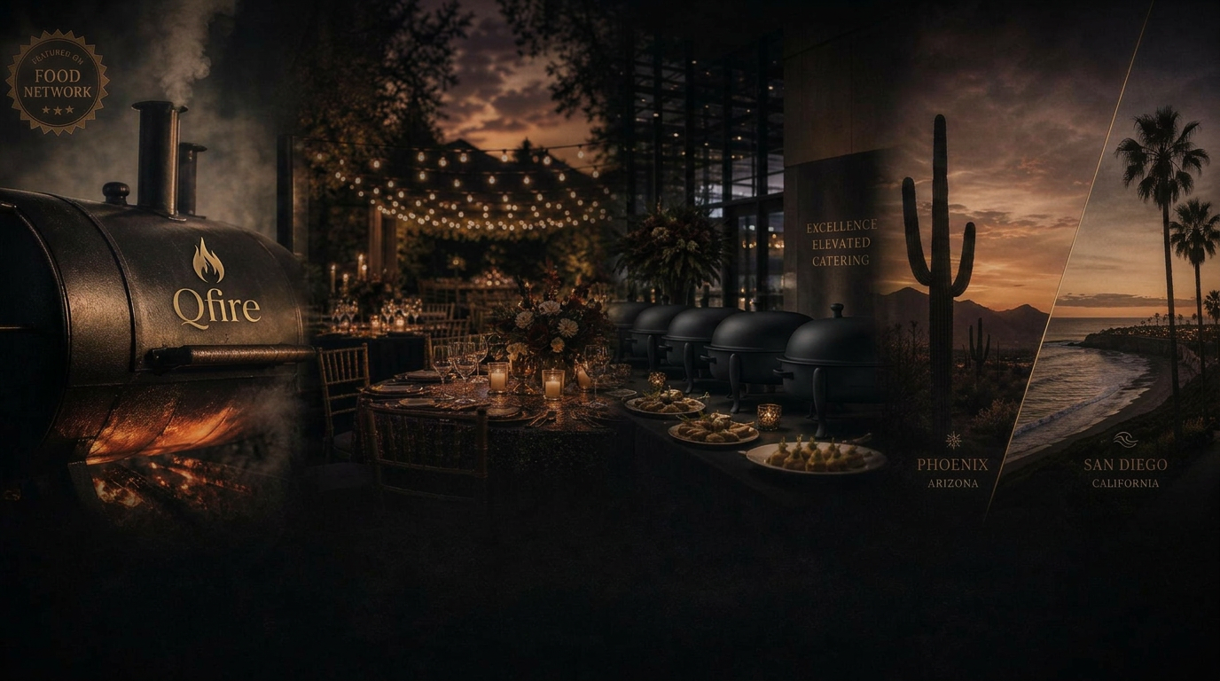 Qfire Catering collage — Food Network, wood-fired smoker, wedding reception, corporate catering, Phoenix and San Diego