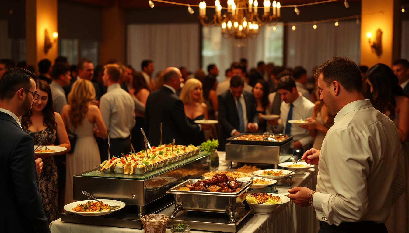 Wedding guests mingling around a cocktail-style taco and brisket station