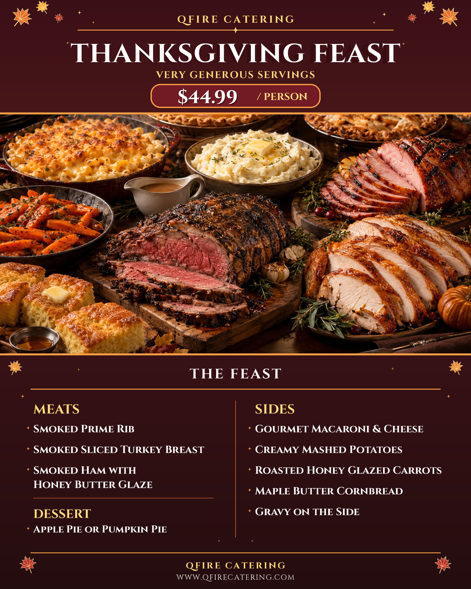 Thanksgiving Feast with prime rib, turkey, ham, holiday sides and pie