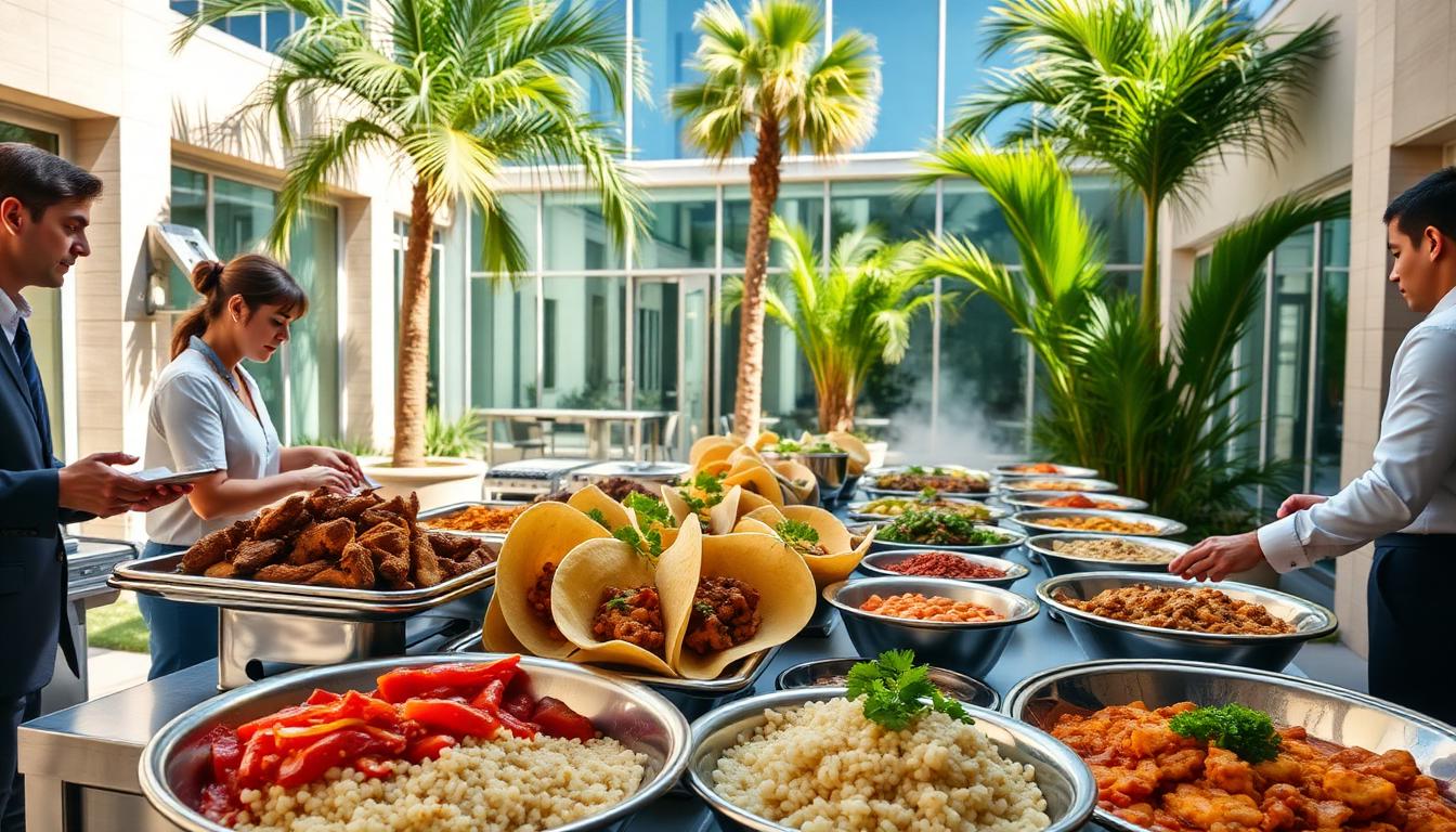 Corporate taco bar with mesquite chicken and carne asada in a sunny Phoenix courtyard