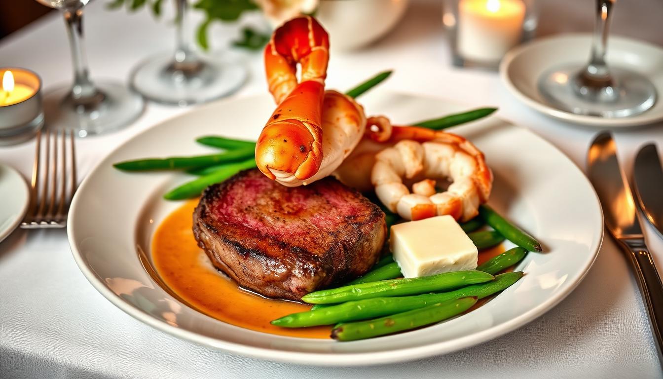 Plated filet mignon with lobster tail and green beans at a San Diego wedding