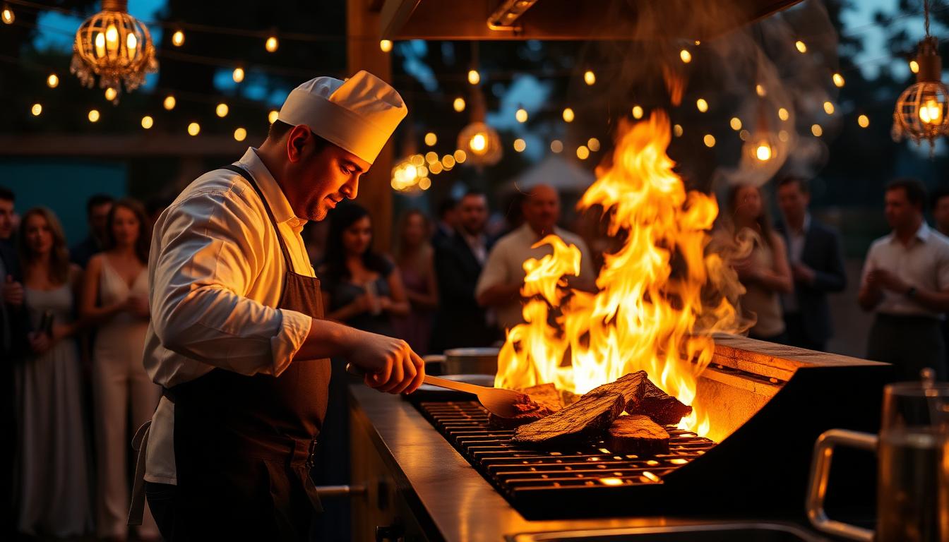 Chef grilling tri-tip to order at a live wood-fired wedding station at night