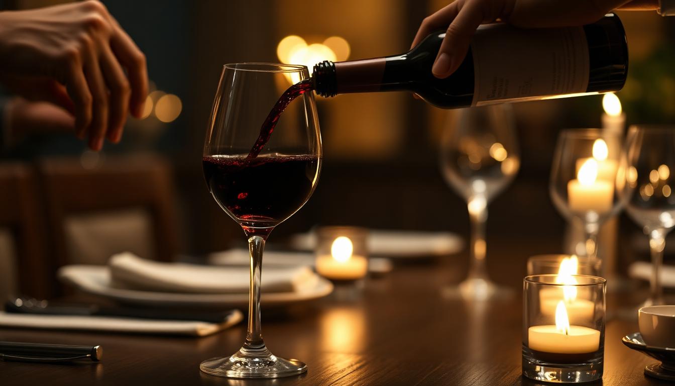 Red wine poured into a crystal glass at an intimate private dinner