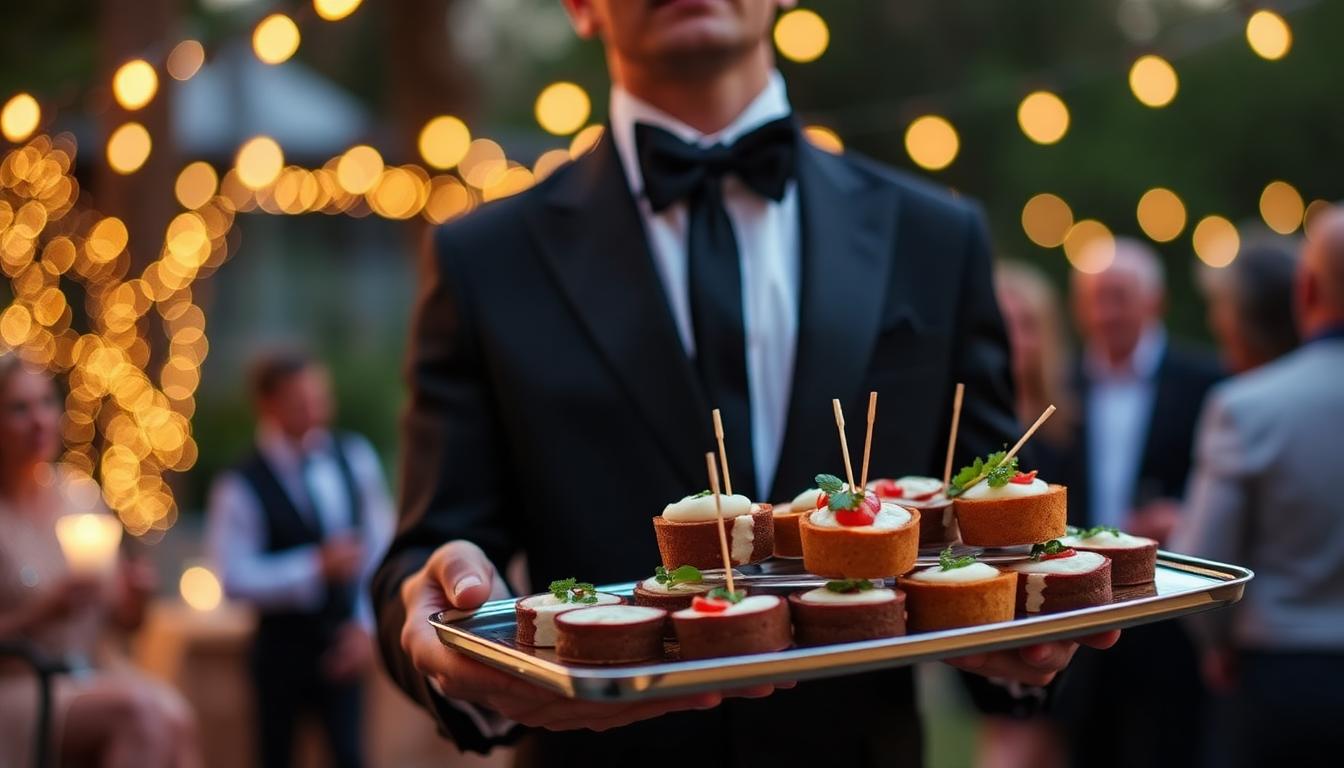 Black-tie server offering gourmet appetizers at an upscale backyard party