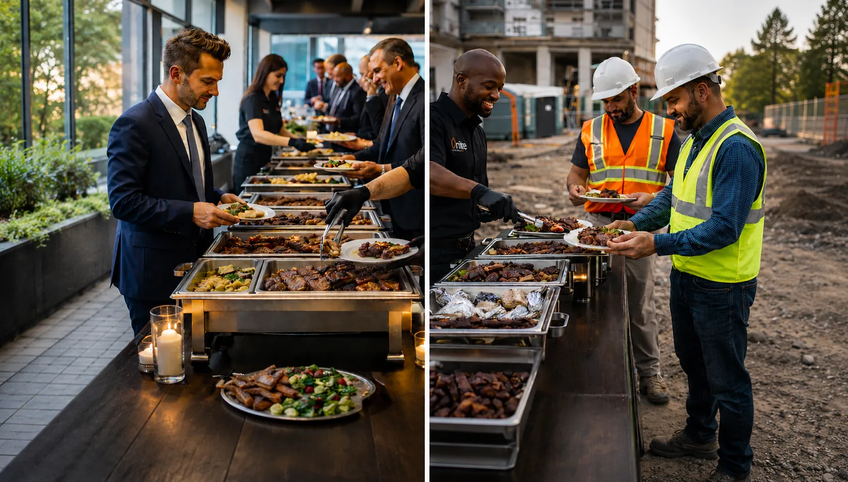 Executive corporate catering setup — premium live-fire and steakhouse catering by Food Network Chef Terry Matthews, Qfire Catering Phoenix & San Diego
