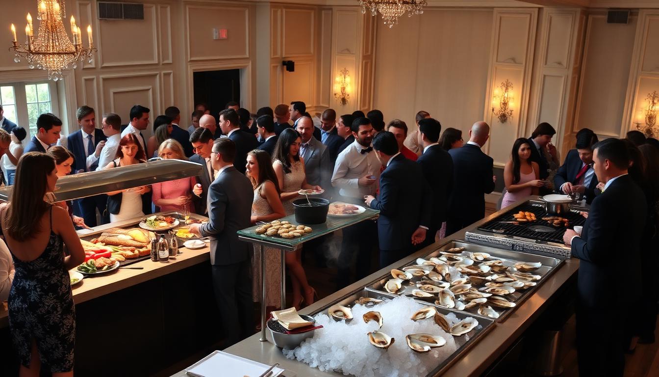 Wedding guests mingling around carving, raw bar and grill stations
