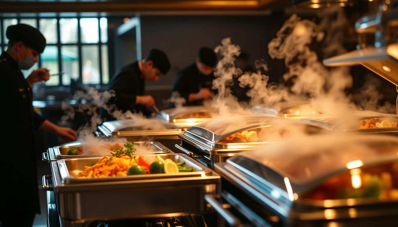 Polished catering buffet with steam rising from chafing dishes