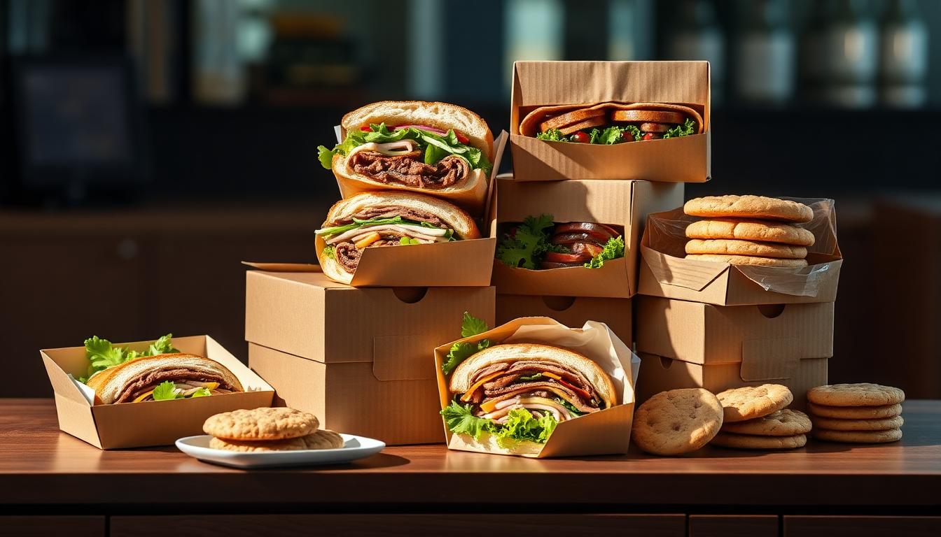 Gourmet executive boxed lunches with brisket sandwiches stacked for an office lunch