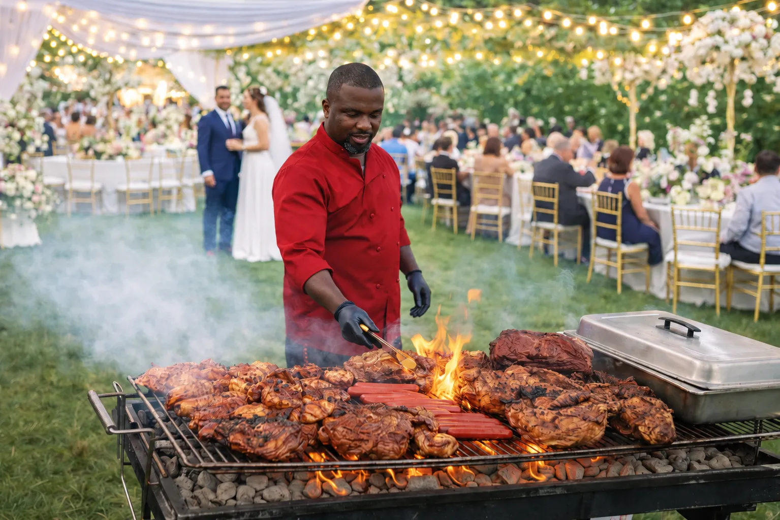 Wood-fired BBQ station at an outdoor wedding — Qfire Catering