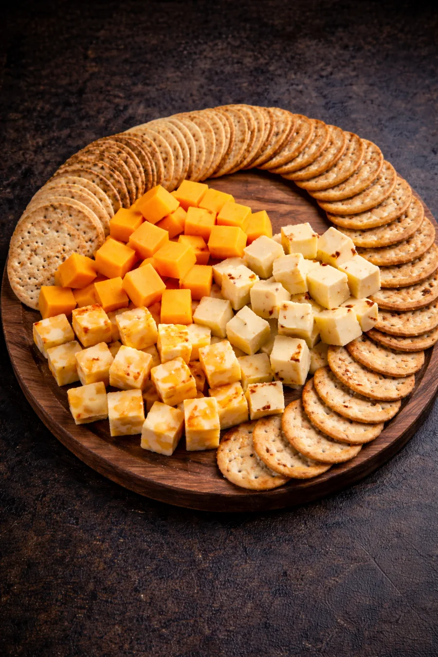 Assorted spiced cheese and crackers board