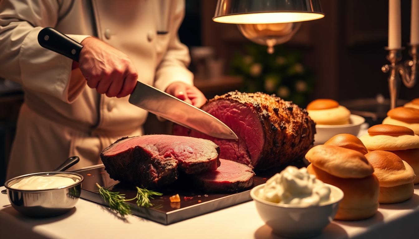 Chef carving slow-roasted prime rib at an elegant wedding carving station