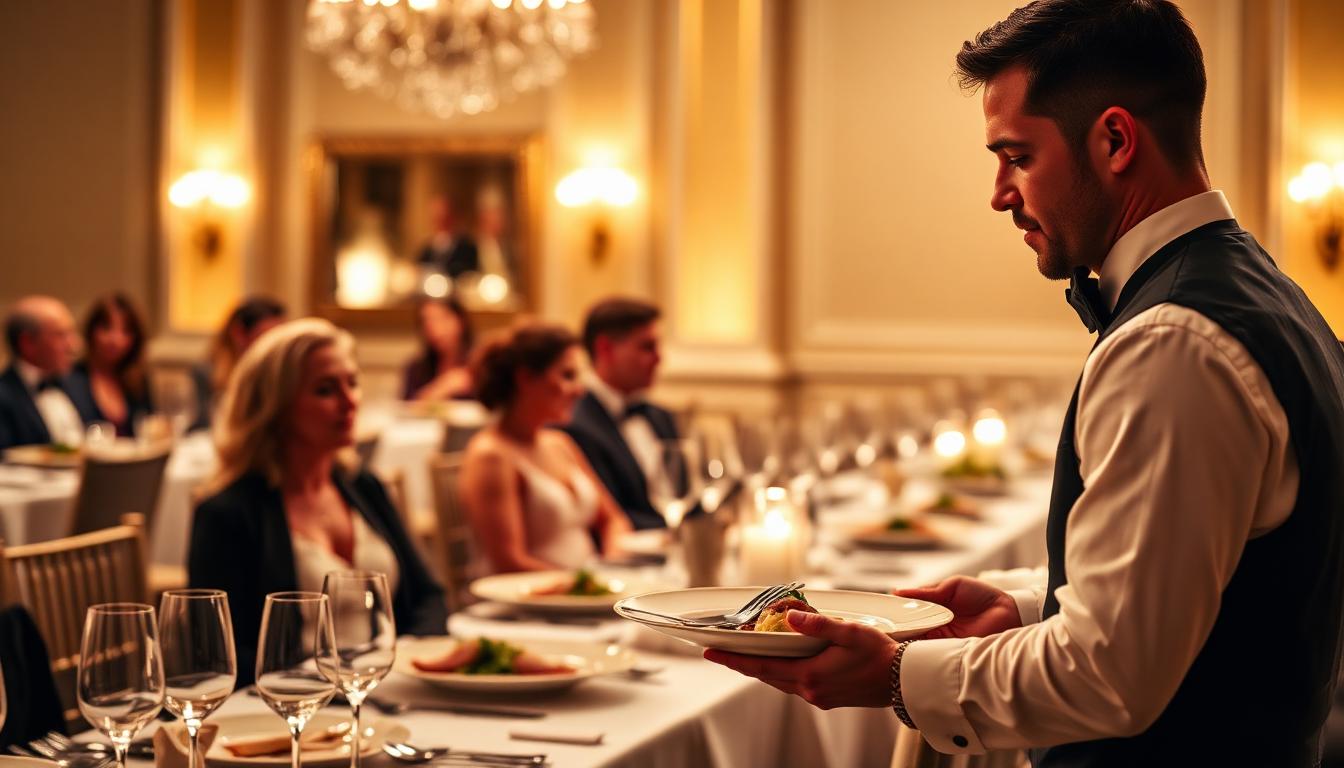 Server in black tie setting a plated course before a seated wedding guest