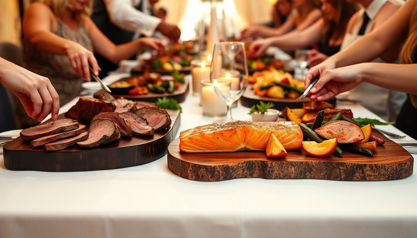 Family-style wedding service with tri-tip and cedar salmon boards on a linen table