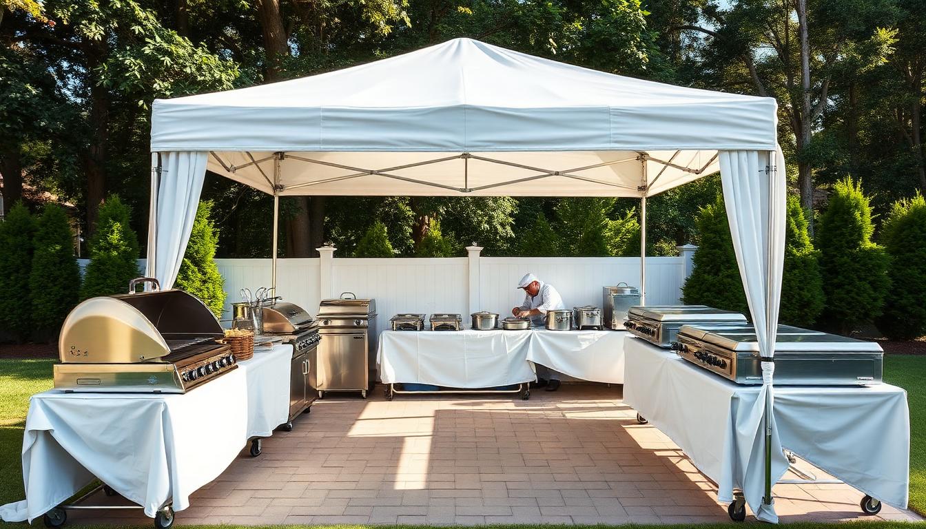 Organized outdoor catering cook site under a white shade tent in a backyard