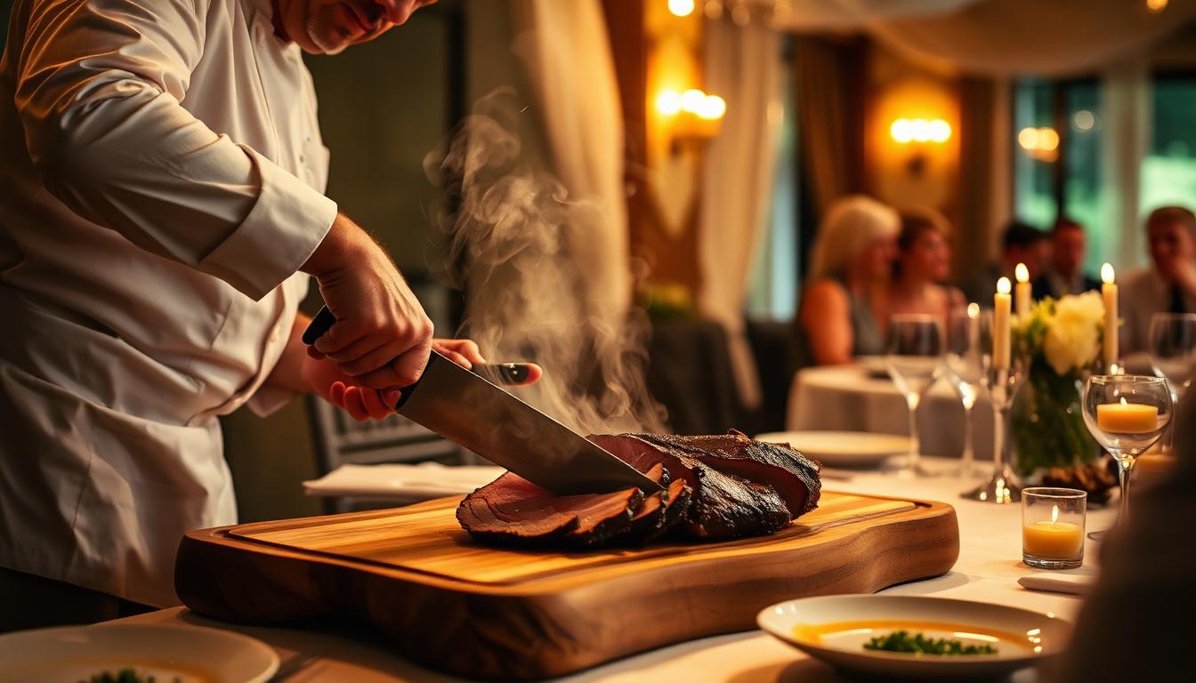 Chef carving smoked brisket tableside at a wedding reception table