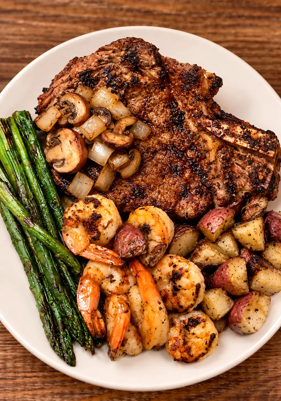 An overhead plated steakhouse dinner: char-grilled steak with sautéed mushrooms and onions, grilled shrimp, asparagus and roasted red potatoes