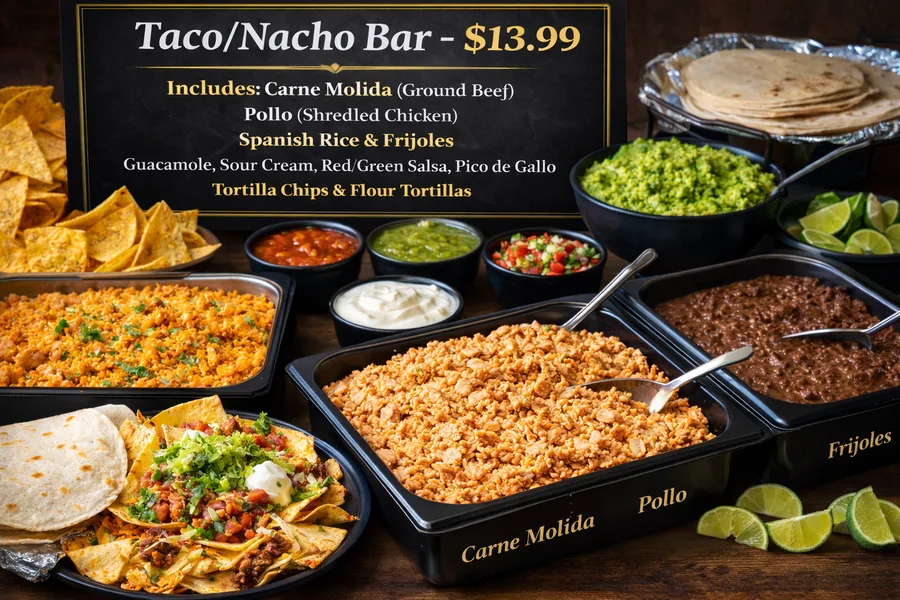 Wood-fired taco and nacho bar spread catered by Qfire Catering in Phoenix