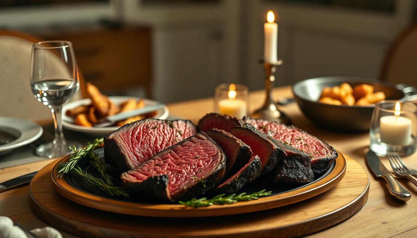 Sliced porterhouse steak on a platter at a candlelit home dining table