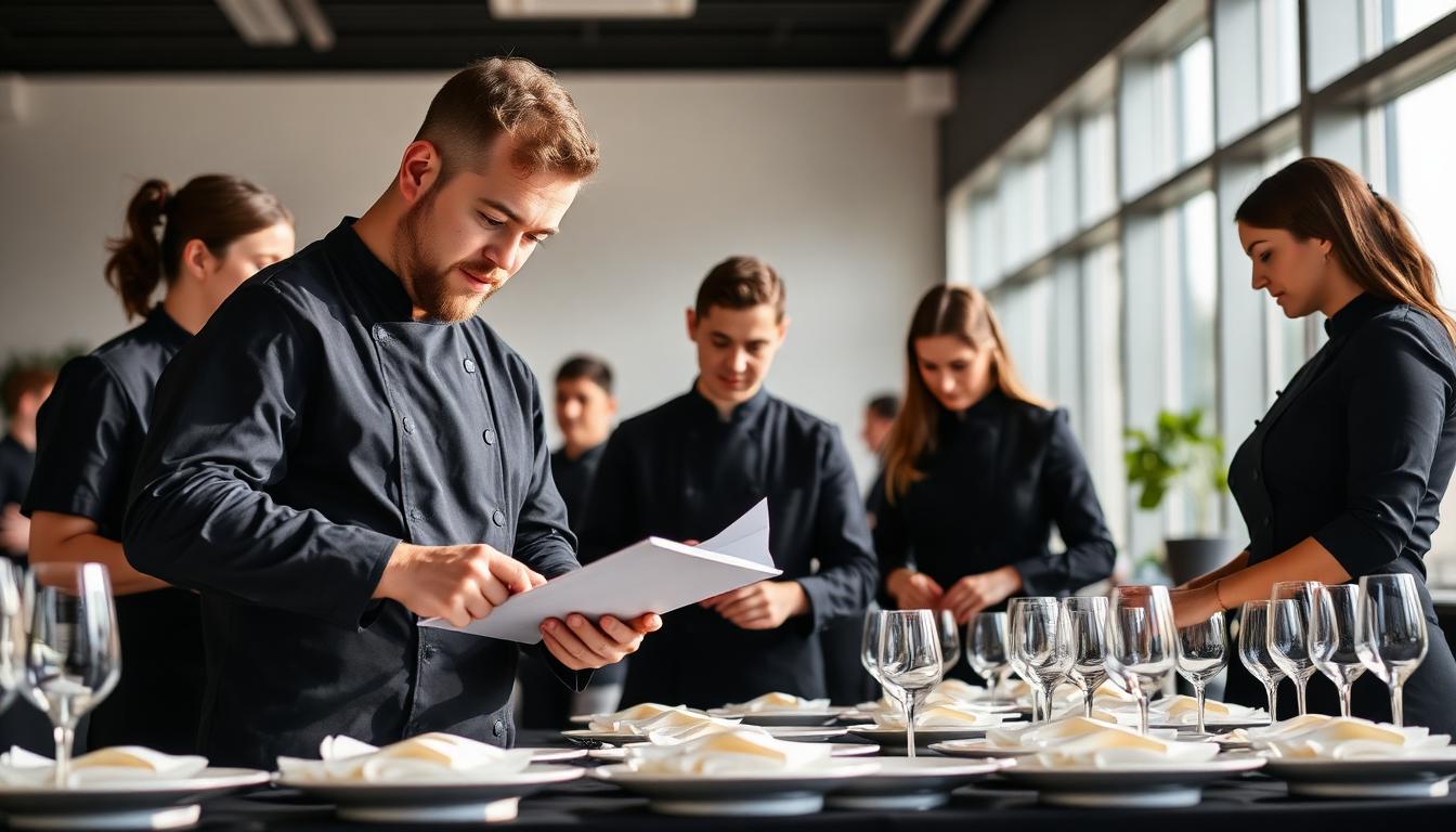 Professional catering team in black uniforms prepping an event with a checklist