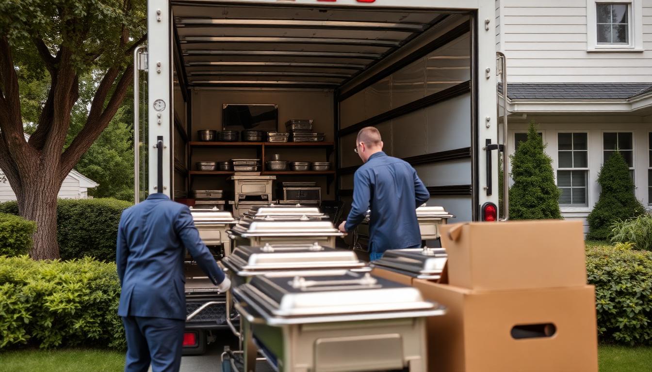Catering team unloading chafing dishes from a truck at a residential wedding