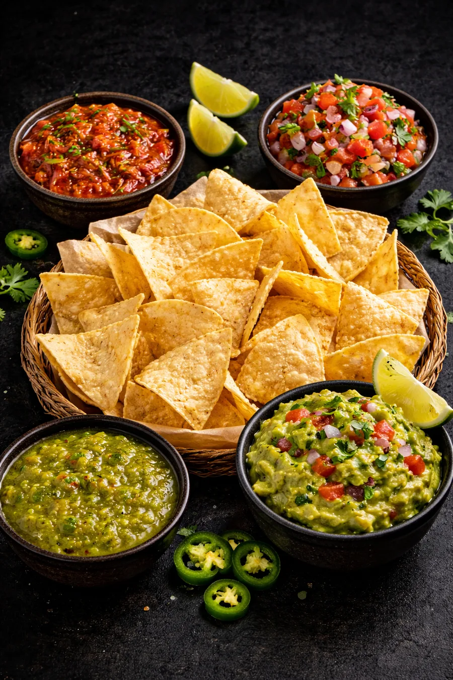 Tortilla chips with salsa, guacamole and pico de gallo