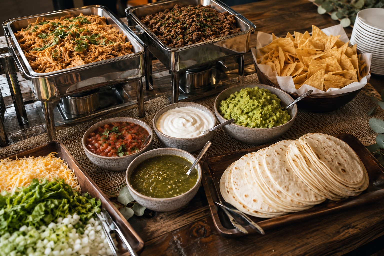 Mexican BBQ fusion taco bar with carne molida, shredded chicken, salsas and tortillas catered in Arizona