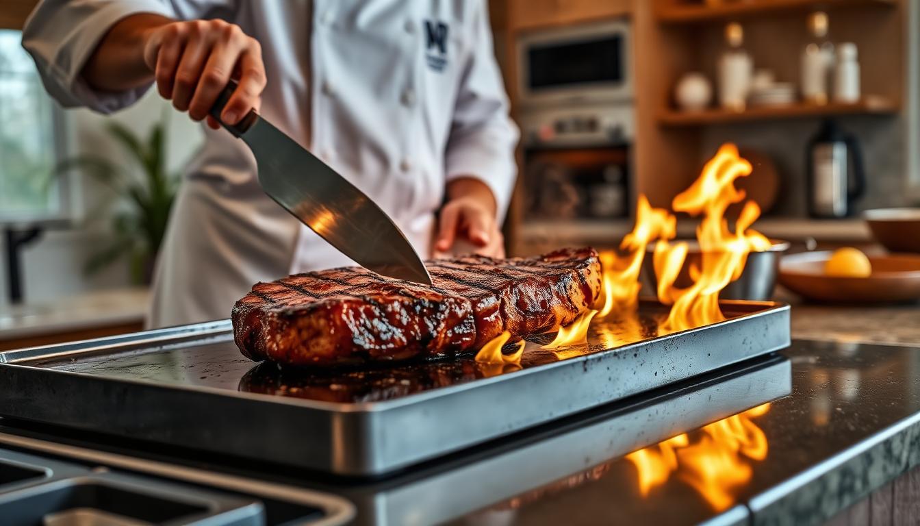 Chef searing a ribeye steak with open flame in a residential kitchen