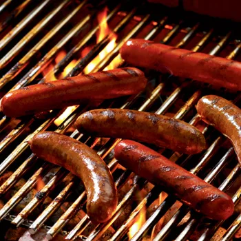 Premium all-beef hot dogs grilled over wood fire