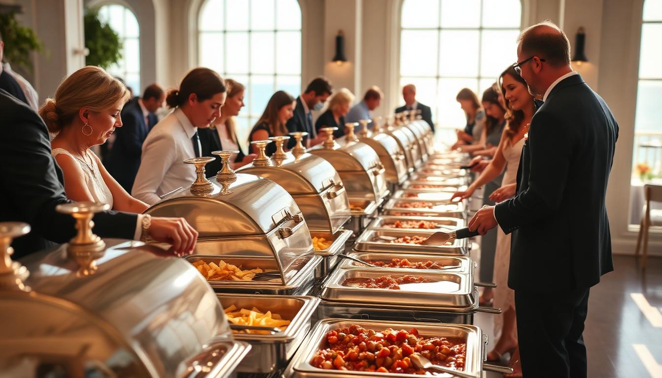 Wedding guests serving themselves at an elegant coastal buffet line