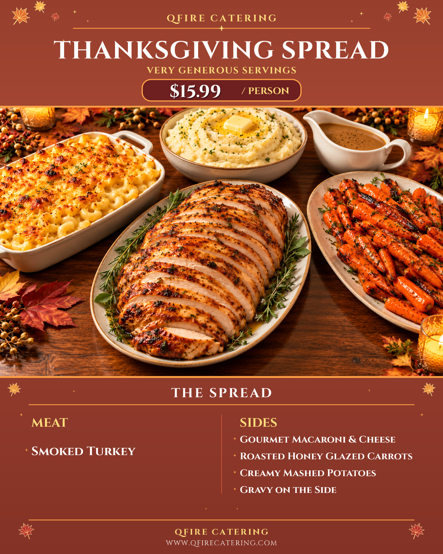 Thanksgiving Spread with smoked turkey, macaroni and cheese, honey glazed carrots, mashed potatoes and gravy