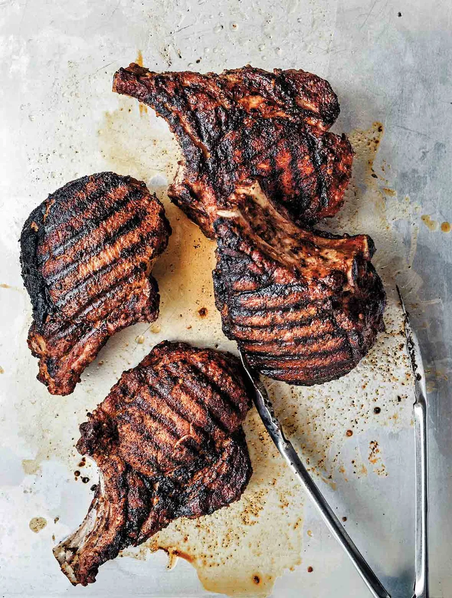 Thick grilled pork chops with grill marks