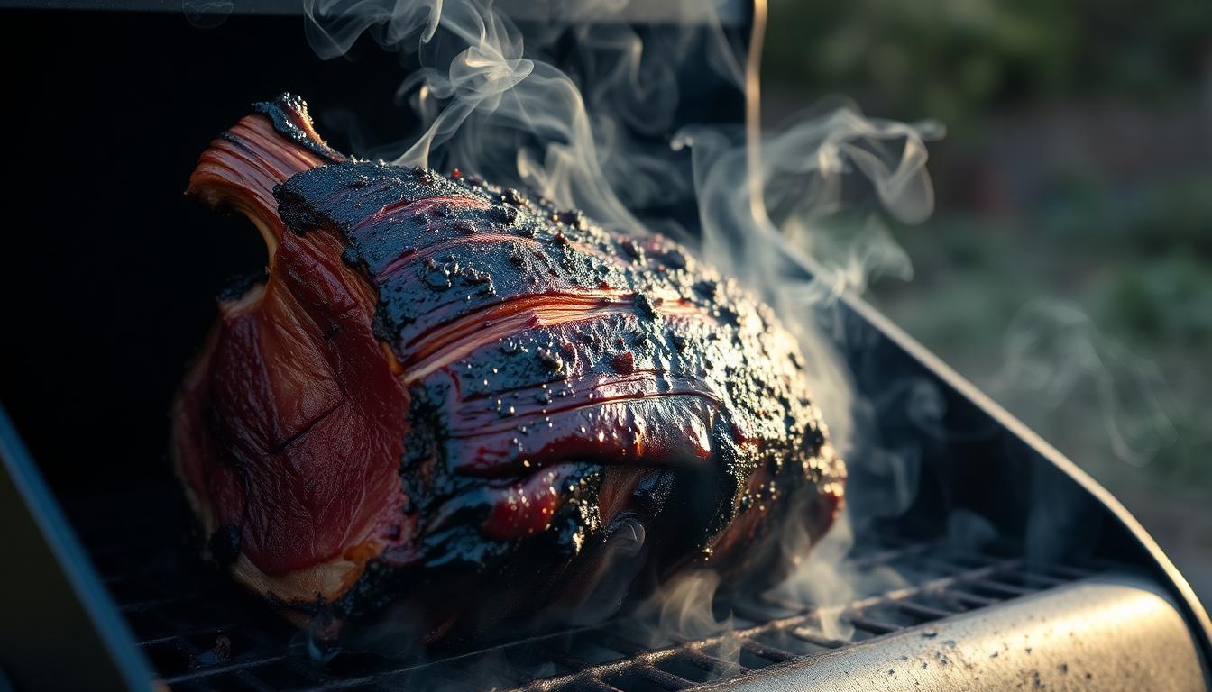 Whole packer brisket smoking on an offset smoker with thin blue smoke