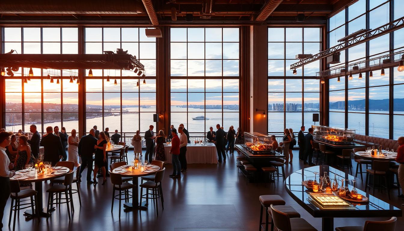 Industrial-chic venue interior with sweeping bay views at sunset