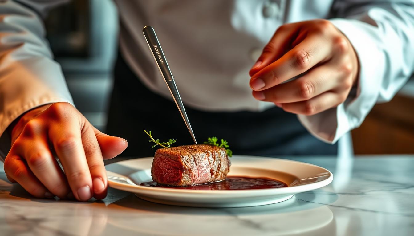 Chef precisely plating a filet mignon in a private kitchen