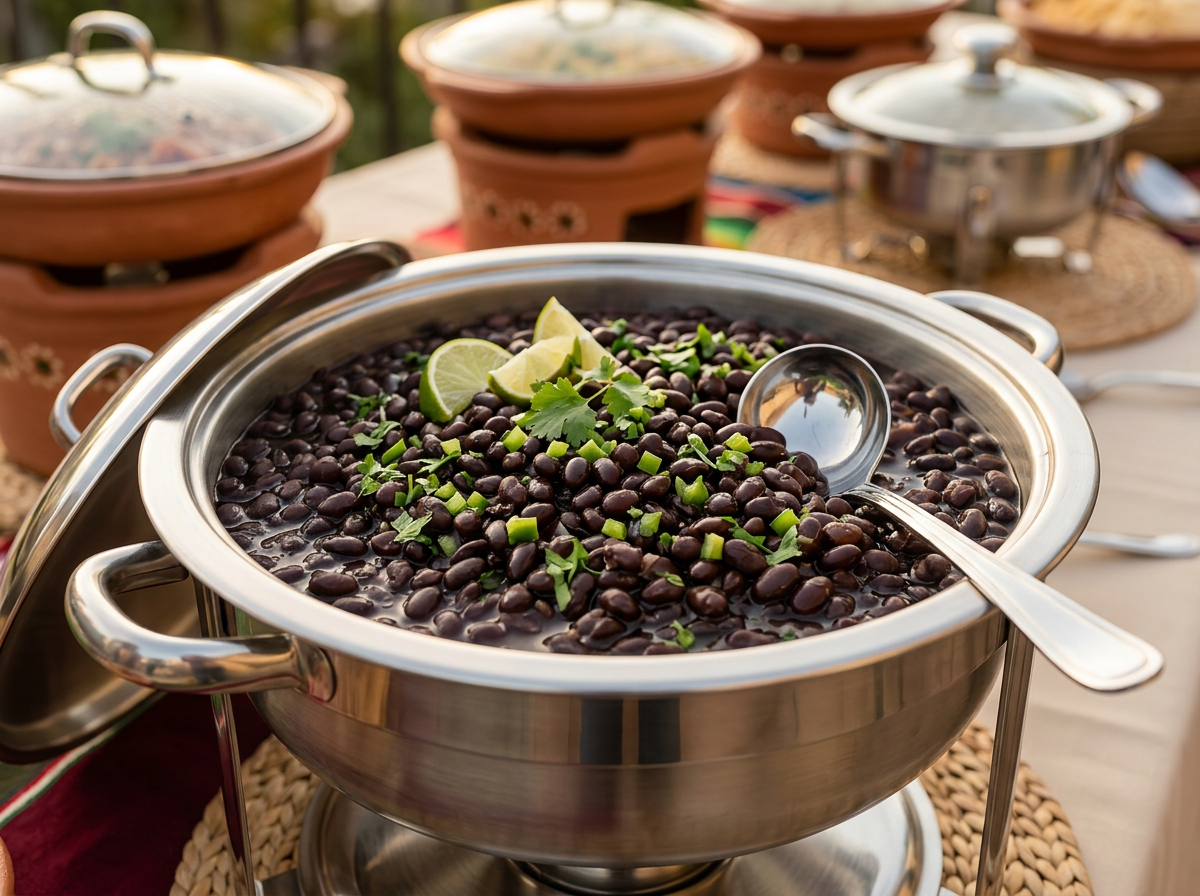 Seasoned black beans presented in an elegant catered buffet