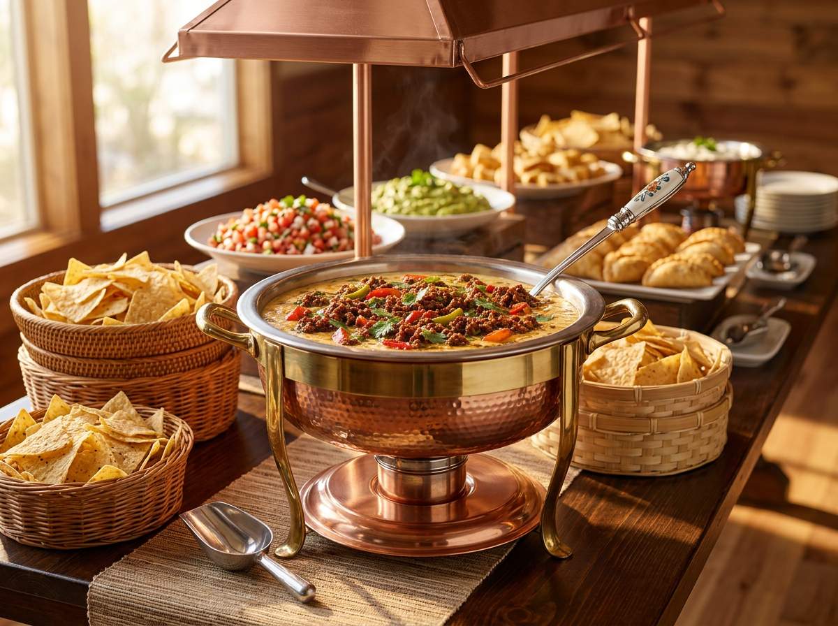 Creamy chorizo queso dip with roasted peppers and tortilla chips