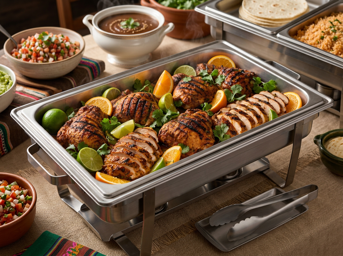 Char-grilled citrus adobo chicken with orange and lime for Mexican BBQ catering