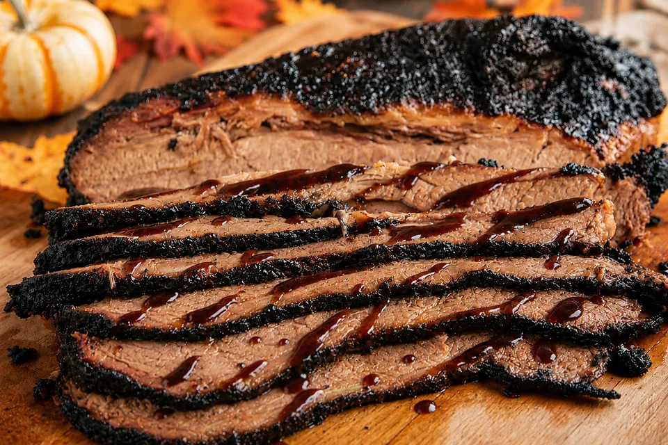Smoked sliced beef brisket for holiday catering