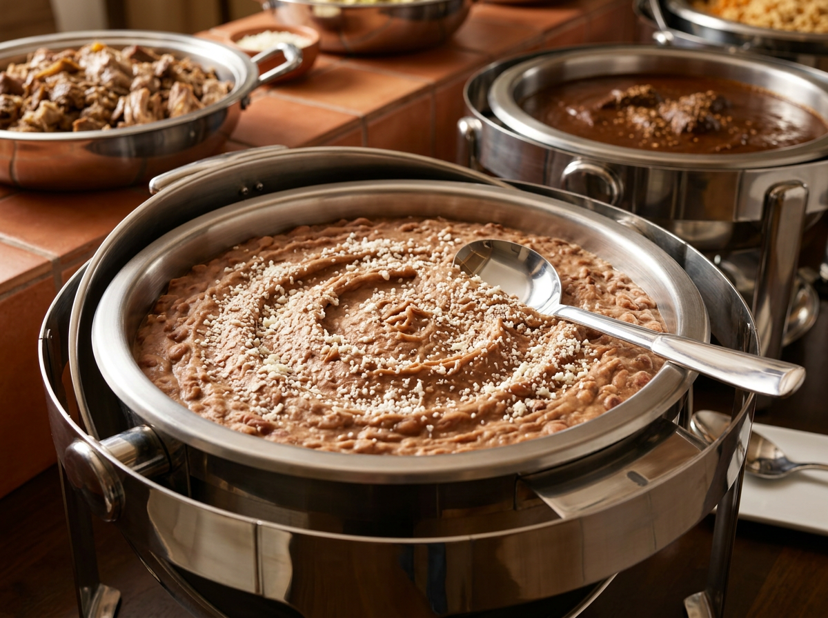 Authentic refried beans presented in an elegant catered buffet