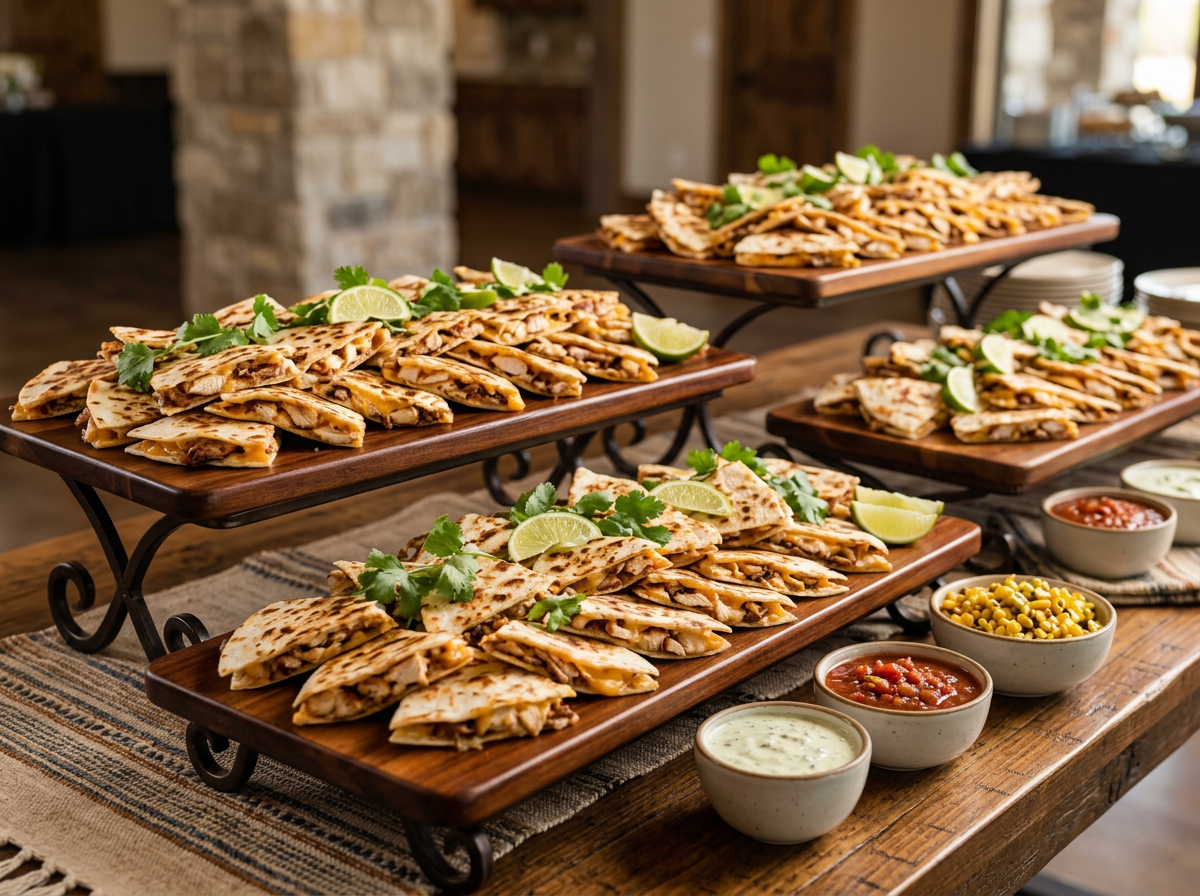 Golden quesadilla bites filled with smoked chicken and melted cheese