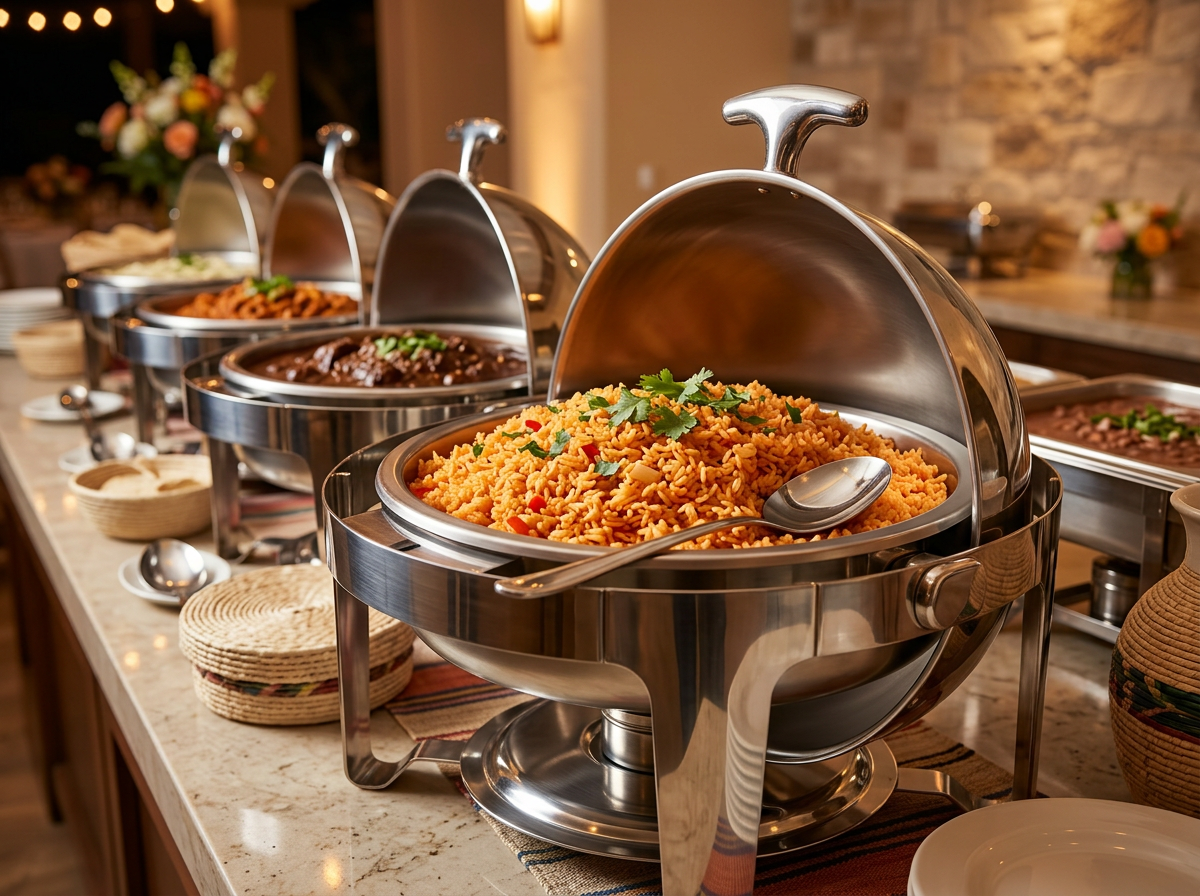 Spanish rice presented in an elegant catered buffet