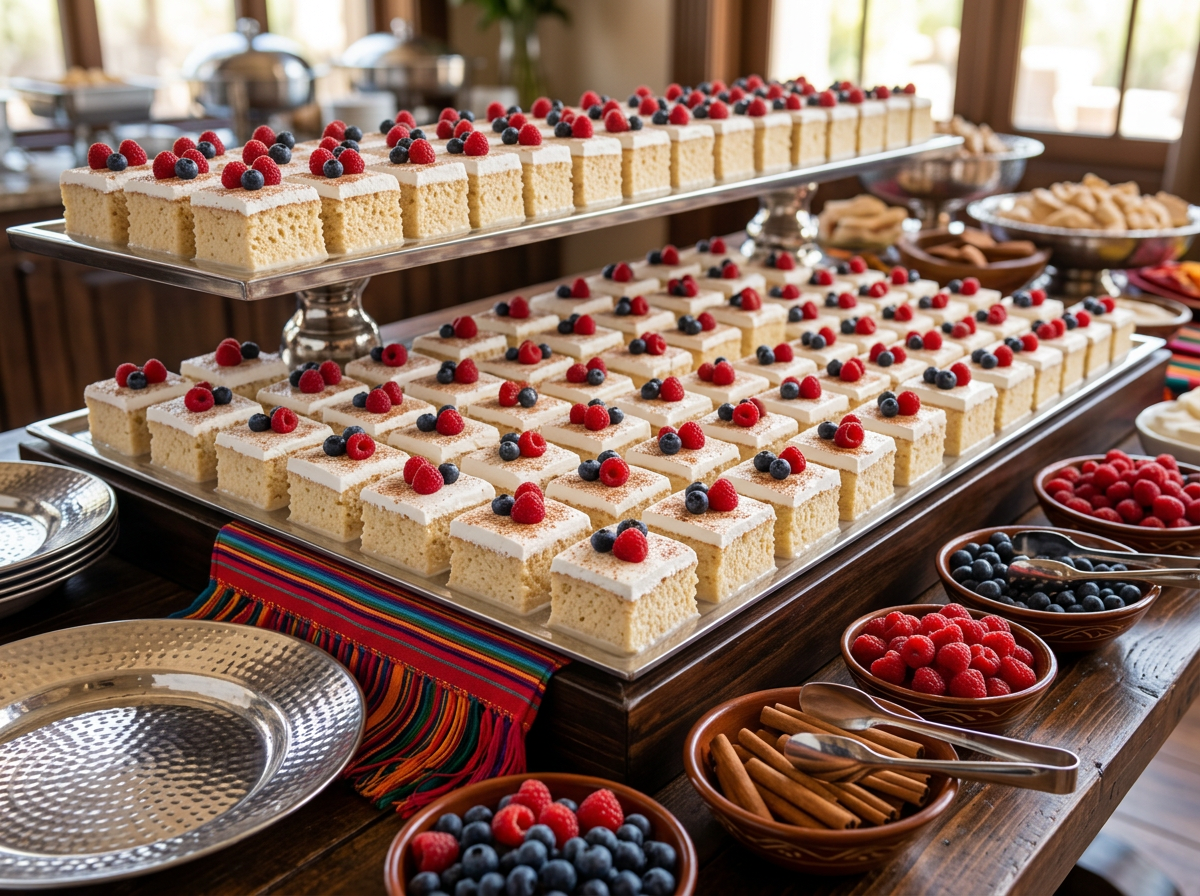 Moist tres leches sponge cake topped with whipped cream